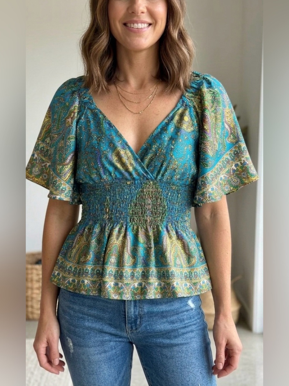 Smart Set Boho Paisley Smocked Peplum Blouse Size M